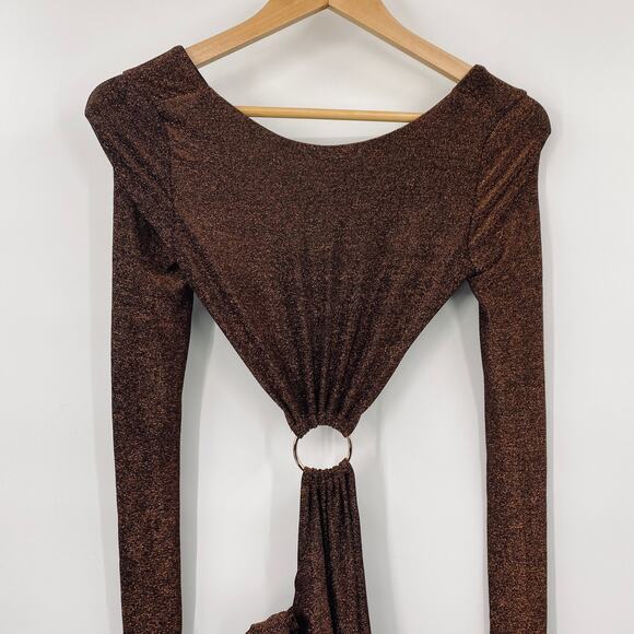 MESHKI Christina Backless Cut out Dress Long Sleeve Brown Gold Metallic NEW XXS - Picture 5 of 12